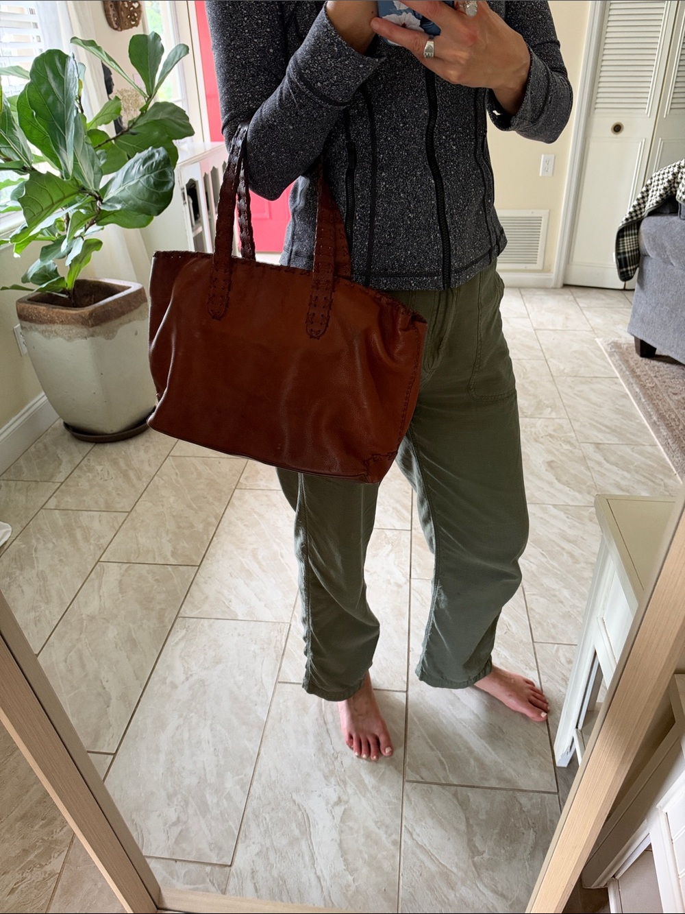Sundance brown leather boho western shoulder tote bag whip stitched med L